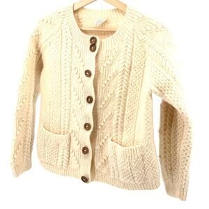 Vintage 70s Derek Clothes Cream 100% Wool Hand Knit Wood Button Cardigan
